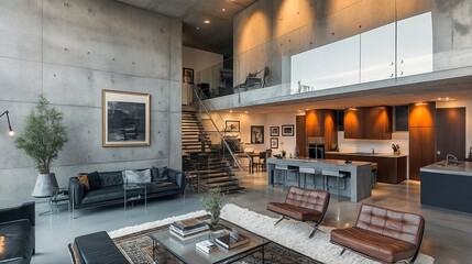 A modern living room and kitchen area with concrete walls.