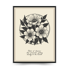 Abstract linocut floral posters template. Modern trendy minimal style. Black and white colors. Botanical blockprint. Hand drawn design for wallpaper, wall decor, print, postcard, cover, template.