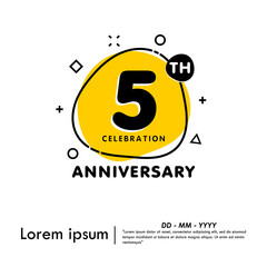 Fototapeta premium 5th years anniversary celebration emblem. anniversary logo badge isolated with liquid organic shapes or irregular round blot form with doodle circle line on white background. vector illustration