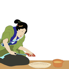 Japanese woman with food ukiyo-e style illustration isolated on white, vector. Vintage Japanese illustration, vintage art from Japan.
