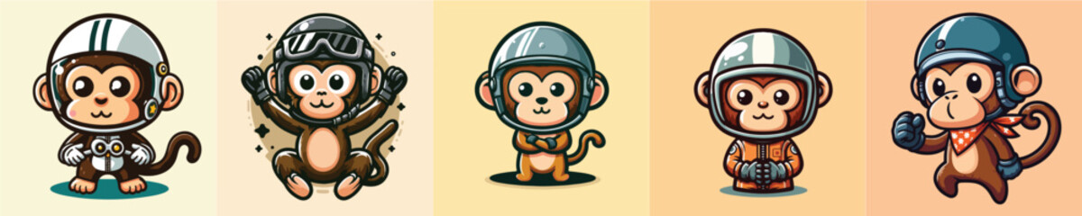 vector set of cute monkeys wearing helmets