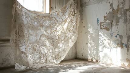 Soft Light Through Lace Curtain in Abandoned Room