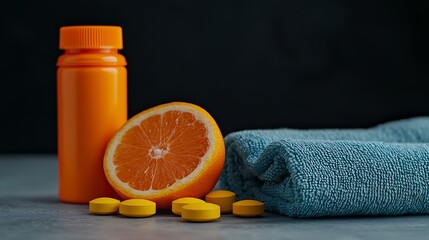 A vibrant composition featuring a bottle of vitamins, an orange slice, yellow tablets, and a blue towel, symbolizing health and wellness.