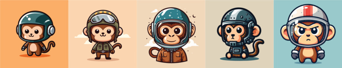 vector set of cute monkeys wearing helmets