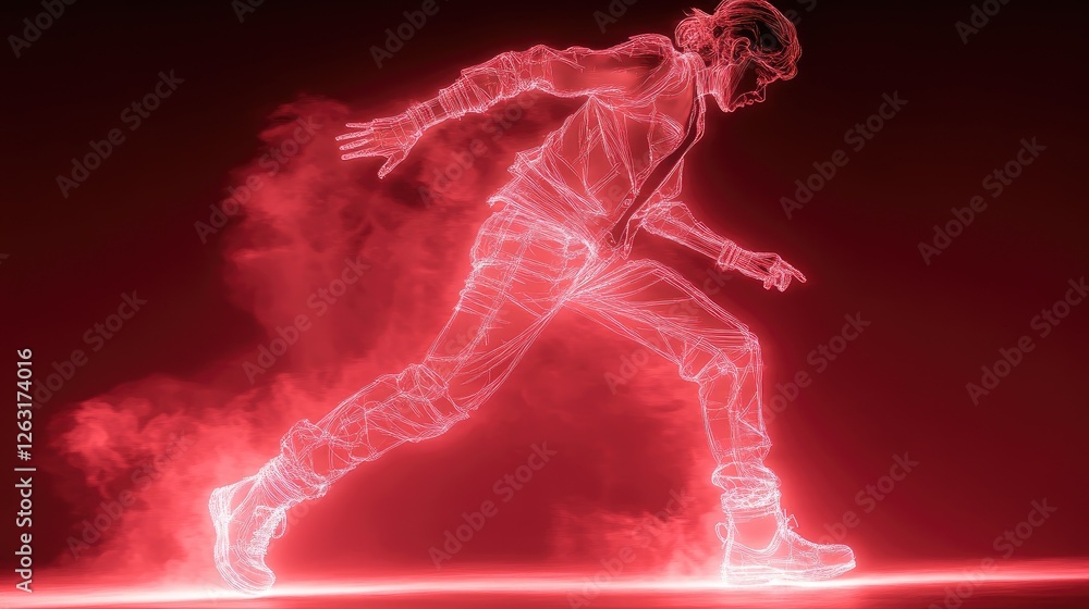 Poster red illuminated wireframe figure dancing dynamically