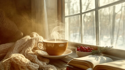 A warm cup of coffee sits beside a cozy blanket, with berries and an open book, bathed in soft natural light.