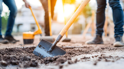 Groundbreaking construction efforts urban site action scene daylight close-up community development