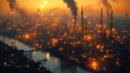 Illuminated Industrial Complex at Sunset with Twin Suns
