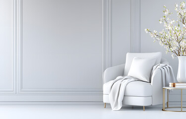Elegant white sofa with cozy blanket and floral arrangement in minimalist room interior design modern aesthetic