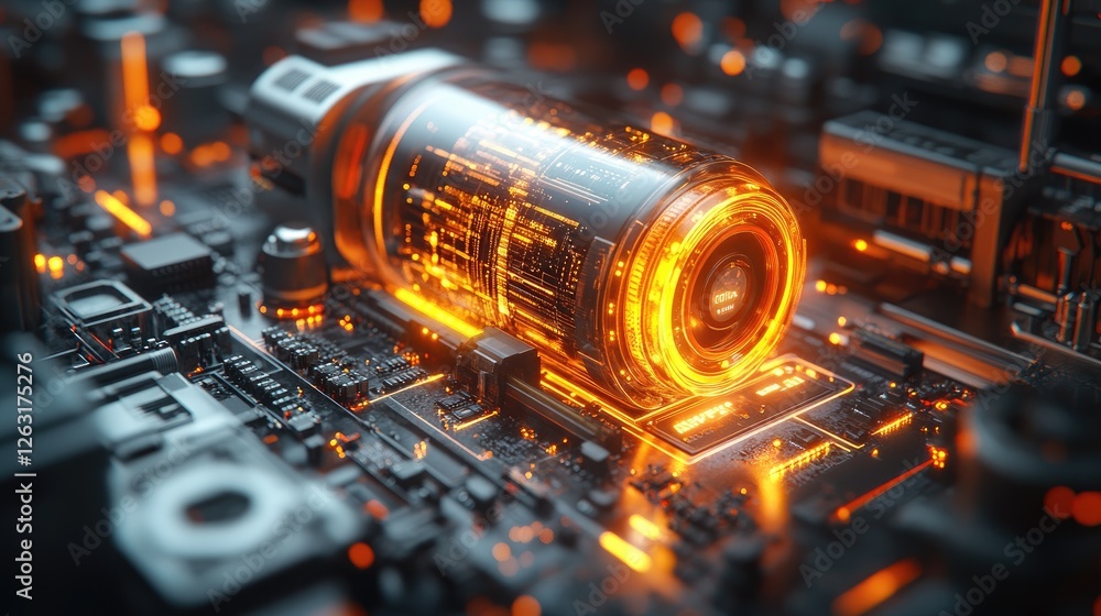 Poster futuristic processor core glowing with digital data