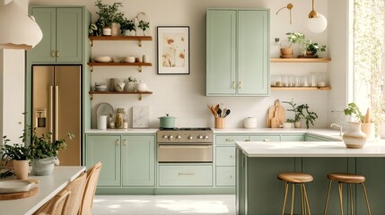 Fototapeta premium A modern kitchen with mint green cabinets and white countertops.
