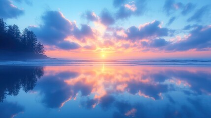 Serene Sunset Over Coastal Trees Reflecting In Calm Ocean Waters
