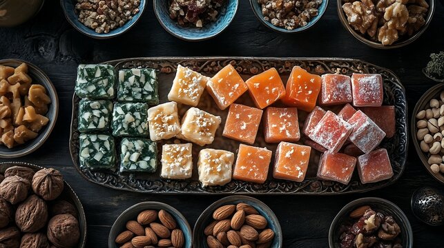 A selection of sweet treats and nuts displayed on a dark wooden table.