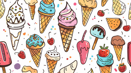 Colorful illustration of various ice cream cones and popsicles on a playful background with sprinkles