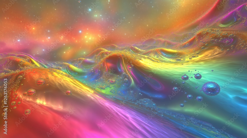 Poster A surreal fractal dreamscape with floating liquid-like rainbow structures