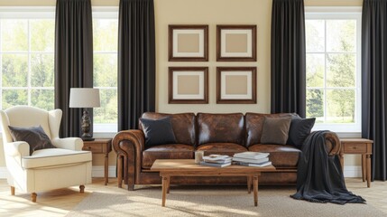 Elegant Living Room with Brown Leather Sofa, Armchair and Natural Light from Large Windows