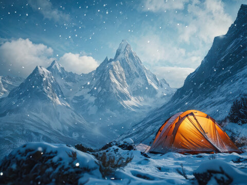 A glowing tent stands resilient in a harsh snow-covered mountain range, surrounded by a fierce blizzard and dramatic skies. Generative AI