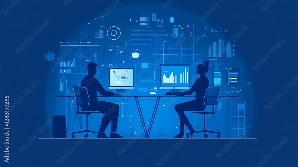 Poster two colleagues collaborate on data analysis using computers, surrounded by digital information.