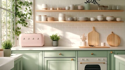 A modern kitchen with sage green cabinets and white countertops, featuring a window with vines growing on it, wooden shelves displaying dishes and a pink toaster.