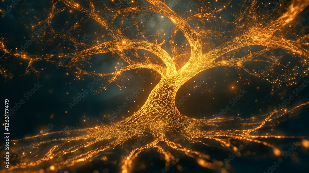 Poster a mystical fractal tree of life, with glowing roots extending into infinity.