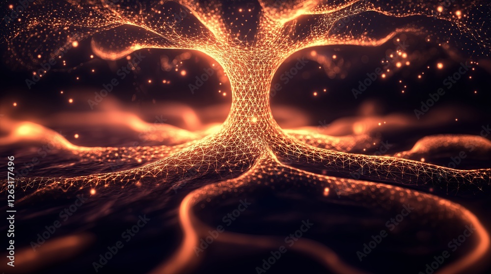 Poster a mystical fractal tree of life, with glowing roots extending into infinity.