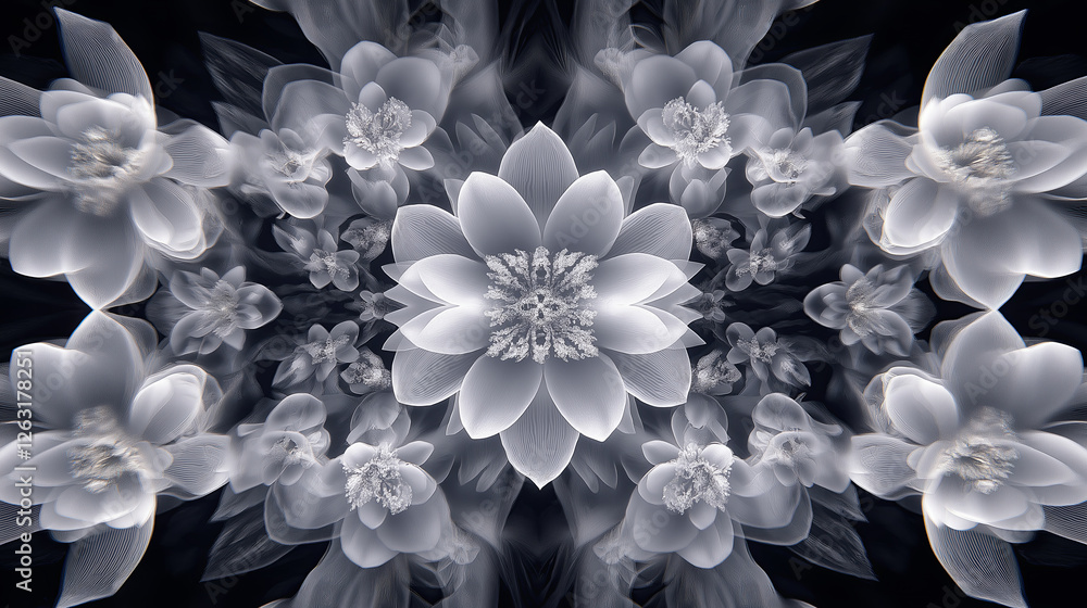 Poster A kaleidoscopic explosion of fractalized flowers in an endless, mirrored pattern. 