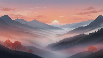 Fototapeta premium Whispers of Dawn: Tranquil Peaks in Morning Hues
