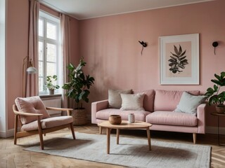 Fototapeta premium Pink Living Room With Sofa Plants And Artwork
