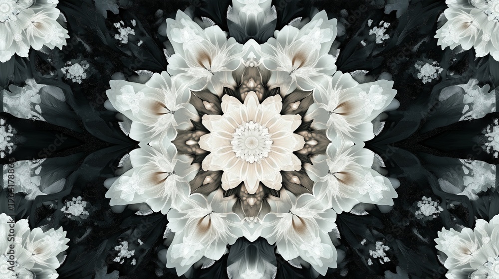 Poster A kaleidoscopic explosion of fractalized flowers in an endless, mirrored pattern. 