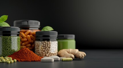 A collection of jars filled with colorful spices, herbs, and supplements, arranged artfully against a dark background.
