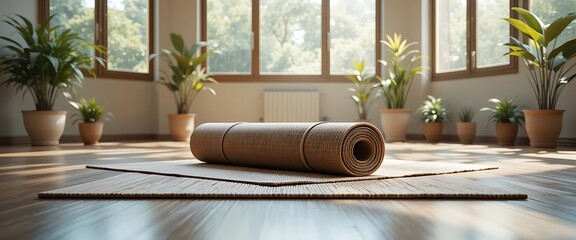 Rolled Yoga Mat on a Woven Mat Amidst Potted Plants in a Bright, Sunlit Room with Large Windows
