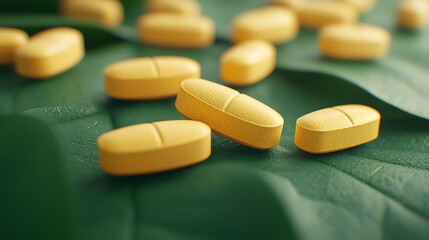 A close-up of yellow tablets scattered on green leaves, showcasing a natural setting for pharmaceuticals or supplements.