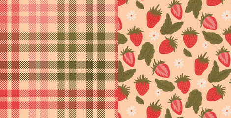 Seamless Strawberry Plaid Pattern, Fruit Design, Botanical, Fresh, Red