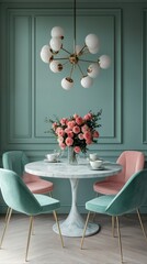 A modern dining room with pastel blue walls and furniture.