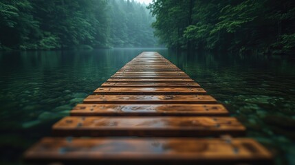 Obraz premium Wooden walkway extending into a serene forest lake
