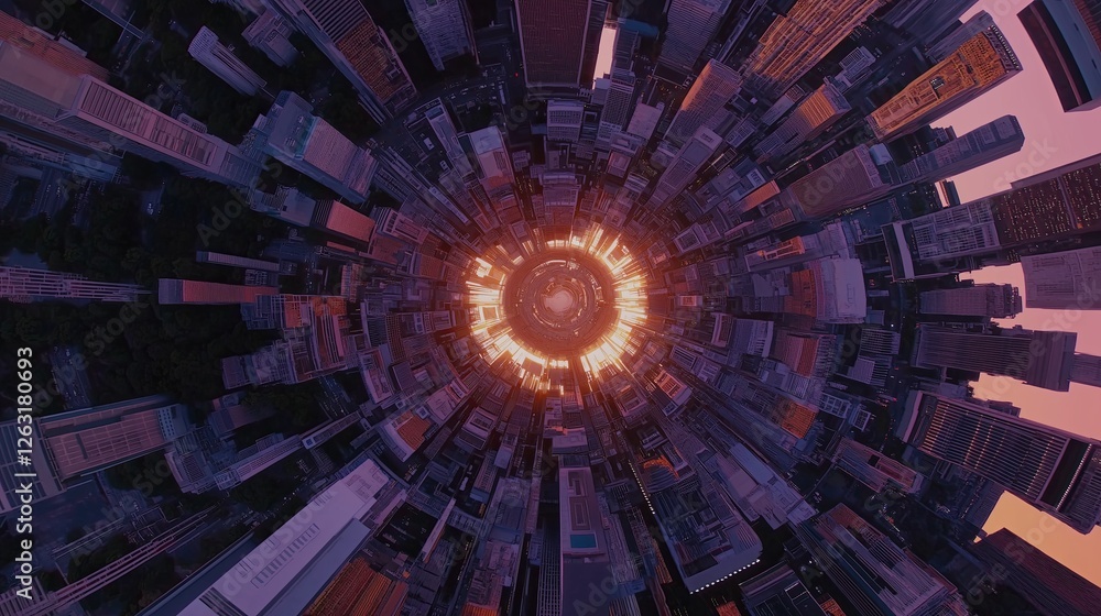Poster a futuristic fractal metropolis viewed from above, with buildings endlessly repeating