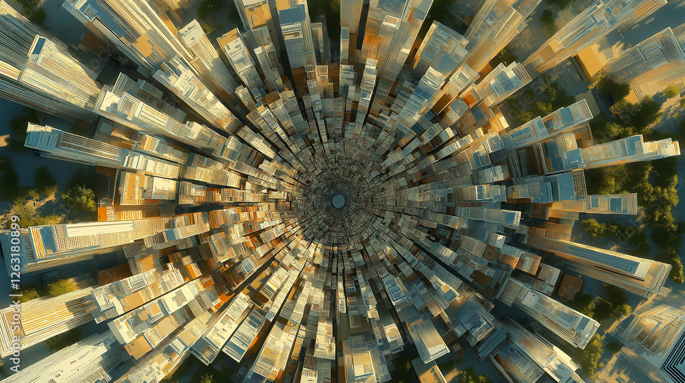 Poster a futuristic fractal metropolis viewed from above, with buildings endlessly repeating