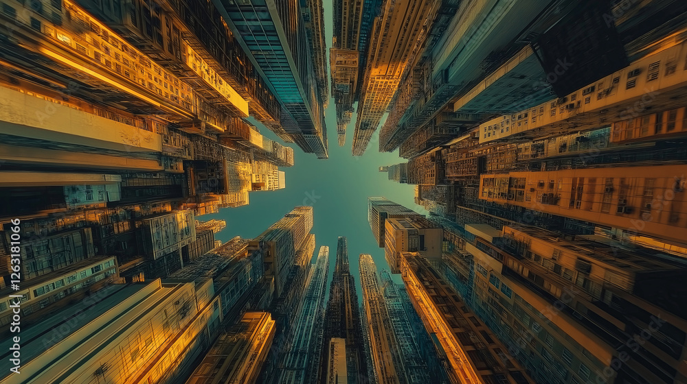 Poster A futuristic fractal metropolis viewed from above, with buildings endlessly repeating