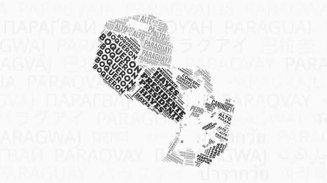 Paraguay intro animation. Country with regions illustration video. Background with country names in various languages. Regions of Paraguay animation. Creative video.