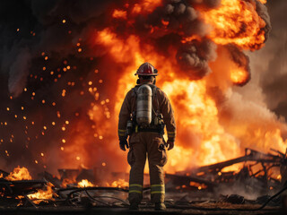 Fototapeta premium A brave firefighter stands before a massive explosion, illuminated by fiery bursts. His determination reflects courage and commitment to saving lives. Generative AI