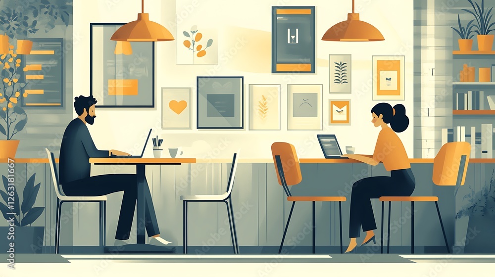 Poster two individuals work remotely on laptops at separate tables in a modern cafe.