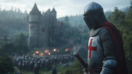 Naklejka premium Medieval templar knight crusader warrior in armor, with red christian cross in castle fighting battle in religious holy war crusade