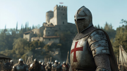 Medieval templar knight crusader warrior in armor, with red christian cross in castle fighting battle in religious holy war crusade