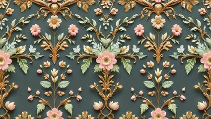 Ornate Golden Floral and Leaf Patterns on a Gray Background &ndash; Wallpaper