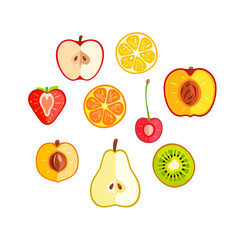 Fruits in Section, Juicy and Fresh - Apple, Pear, Cherry, Kiwi, Peach, Strawberry, Apricot, Orange, Mandarin. Modern flat style