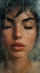 A woman's face with her eyes closed behind a glass pane.