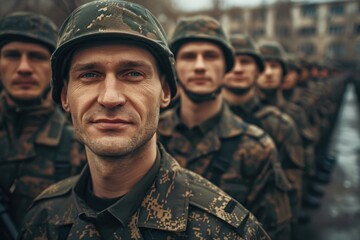 Fototapeta premium Military personnel lined up in formation outdoors