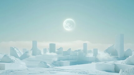 White Cityscape Under a Pale Moon a Winter Scene