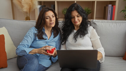 Two women relaxing together in a cozy living room, one holding a cup, looking at a laptop, portraying family bond and friendship in a warm home setting.