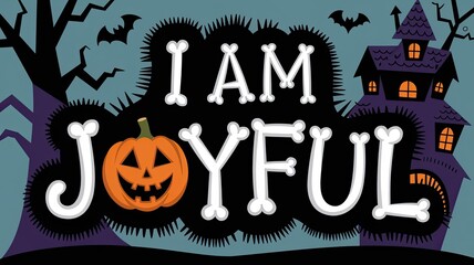 Fototapeta premium A cheerful Halloween-themed image featuring a playful pumpkin, a spooky house, and the phrase 